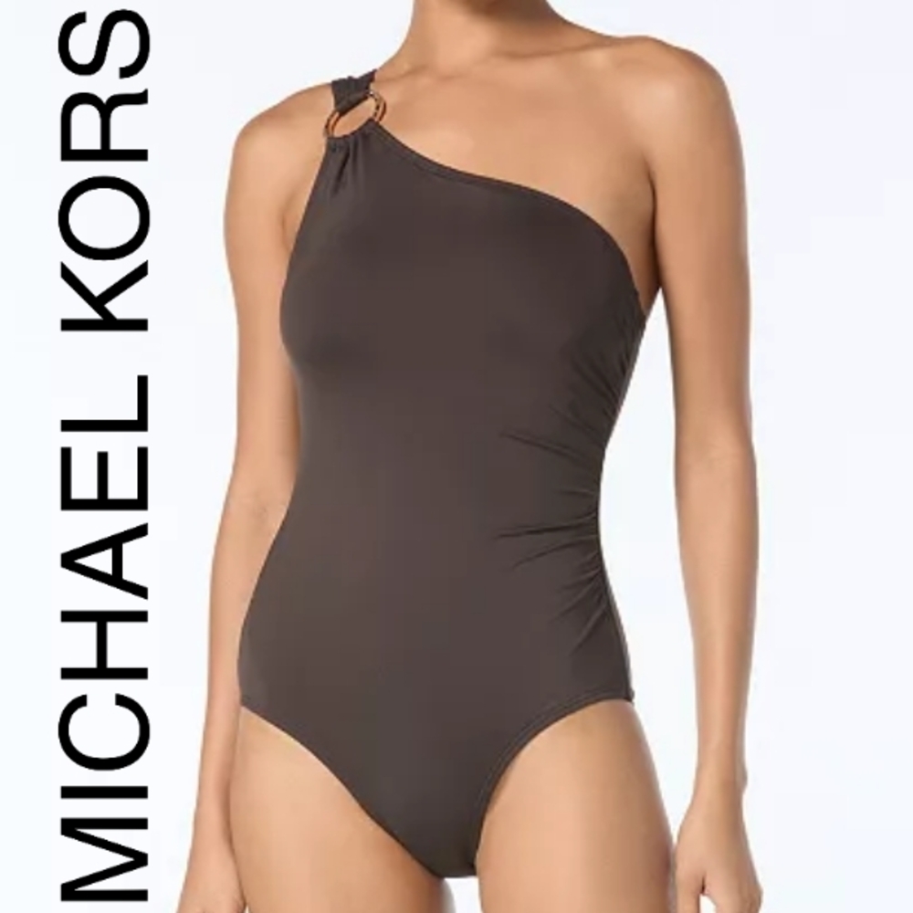 NWT Michael Kors Embellished One-Shoulder Underwire One-Piece Swimsuit- BROWN